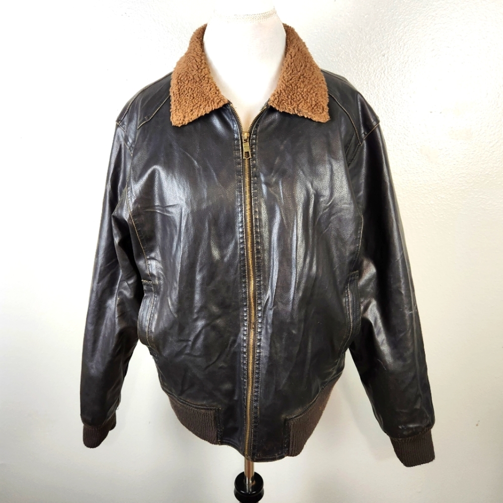 Red Camel Vintage Style Black Faux Leather Bomber Flight Jacket Size Large
